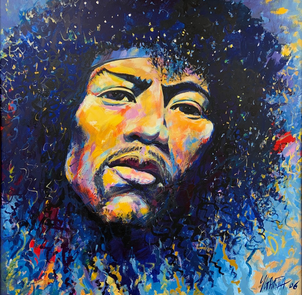 A painting featuring a portrait of Jimi Hendrix with a purple background, and his face highlighted in yellow tones.