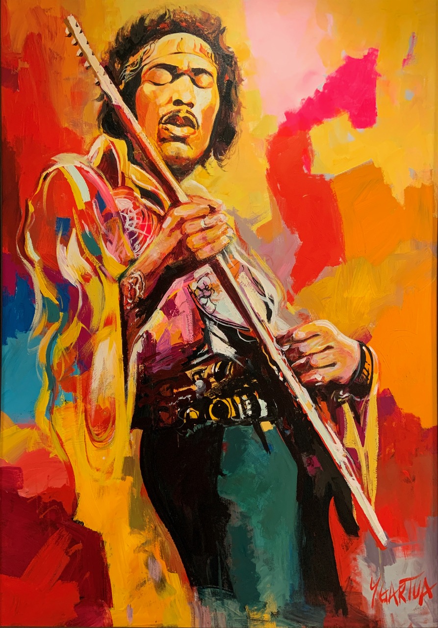 An electric painting featuring Jimi Hendrix playing guitar, with a vibrant color palette of reds and yellows. 