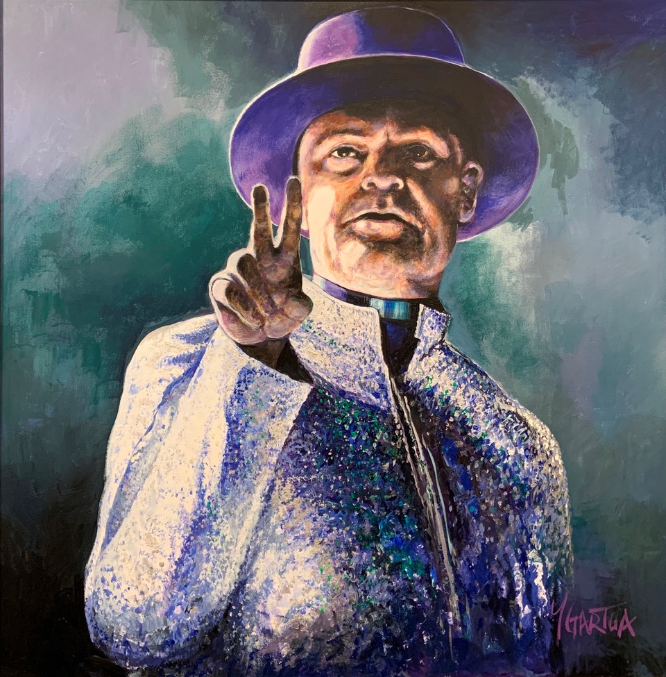 A painting of Gord Downie performing on stage, with a color palette dominated by magical hues and wisps of smoke. The painting is executed in a stylized and expressive manner, capturing the energy and emotion of Downie's performance. 